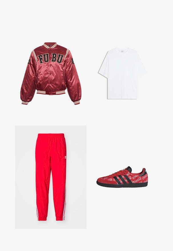 Rød satin bomberjakke med ribbede manchetter og kant. FUBU broderet logo på forsiden; sorte detaljer og stribede dekoreringer på ærmerne.; Hvid oversized bomulds t-shirt med rund hals og korte ærmer; glat tekstur, uden synlige mønstre eller accenter.; Røde sportstræningsbukser med elastisk talje, hvide stribede detaljer langs siderne og et lille hvidt logo på venstre lår.; Rød Adidas sneaker med sorte striber og sål, med hvide Coca-Cola logoer over hele den stof øverste del.