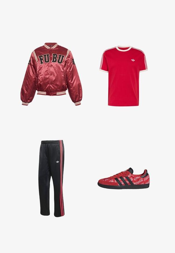 Rode satijnen bomberjack met ribgebreide manchetten en zoom. FUBU geborduurd logo op de voorkant; zwarte accenten en gestreepte details op de mouwen.; Rood Adidas T-shirt met korte mouwen, witte ronde kraag en mouwranden, witte drie strepen op de schouders, klein plantengezamen-logo op de linkerborst.; Zwarte trainingsbroek met verticale geribbelde textuur, voorzien van rode en witte zijstrepen en een klein wit logo op het linkerbeen.; Rode Adidas sneaker met zwarte strepen en zool, met witte Coca-Cola-logo's over het hele stoffen bovenwerk.