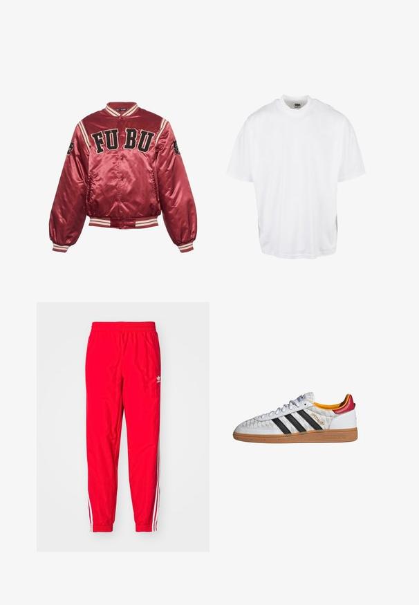 Rode satijnen bomberjack met ribgebreide manchetten en zoom. FUBU geborduurd logo op de voorkant; zwarte accenten en gestreepte details op de mouwen.; Witte katoenen t-shirt met een relaxte pasvorm, korte mouwen en een ronde halslijn, met een rechte zoom en geen zichtbare grafische afbeeldingen of patronen.; Rode sportieve broek met een elastische tailleband, witte gestreepte accenten aan de zijkanten en een klein wit logo op de linker dij.; Witte Adidas Spezial sneaker met zwarte strepen, gumzool, doorgestikt patroon, rood hielstuk en gele voering, zijaanzicht.