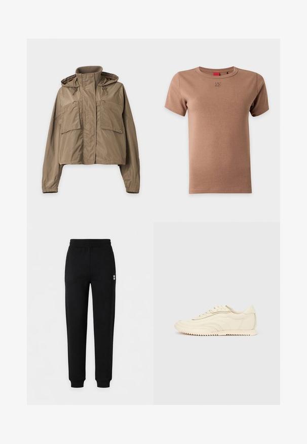 Veste légère marron avec col montant, capuche, manches longues, poignets élastiques et deux grandes poches avant avec rabats.; T-shirt marron uni pour homme à manches courtes, col rond et petit logo "HUGO" centré sous le col.; Pantalon de survêtement noir avec taille élastique et poignets aux chevilles, avec un petit logo blanc sur la partie supérieure de la cuisse.; Baskets basses de couleur crème avec des coutures ondulées, une fermeture à lacets et une semelle crantée, vues de côté sur un fond uni.