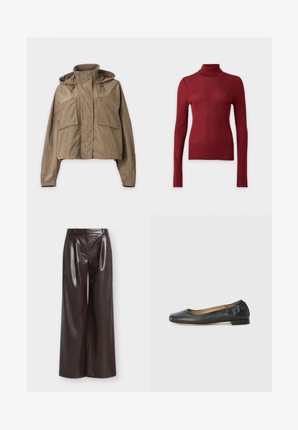 Veste légère marron avec col montant, capuche, manches longues, poignets élastiques et deux grandes poches avant avec rabats.; Pull à col roulé côtelé rouge profond à manches longues avec silhouette ajustée sur un fond clair uni.; Pantalon marron en simili cuir taille haute, jambes larges avec passants de ceinture et couture frontale sur fond uni.; Ballerines en cuir noir avec un bout arrondi et des coutures minimales. Talon bas et rectangulaire avec une texture lisse. Détails subtils de doublure intérieure.
