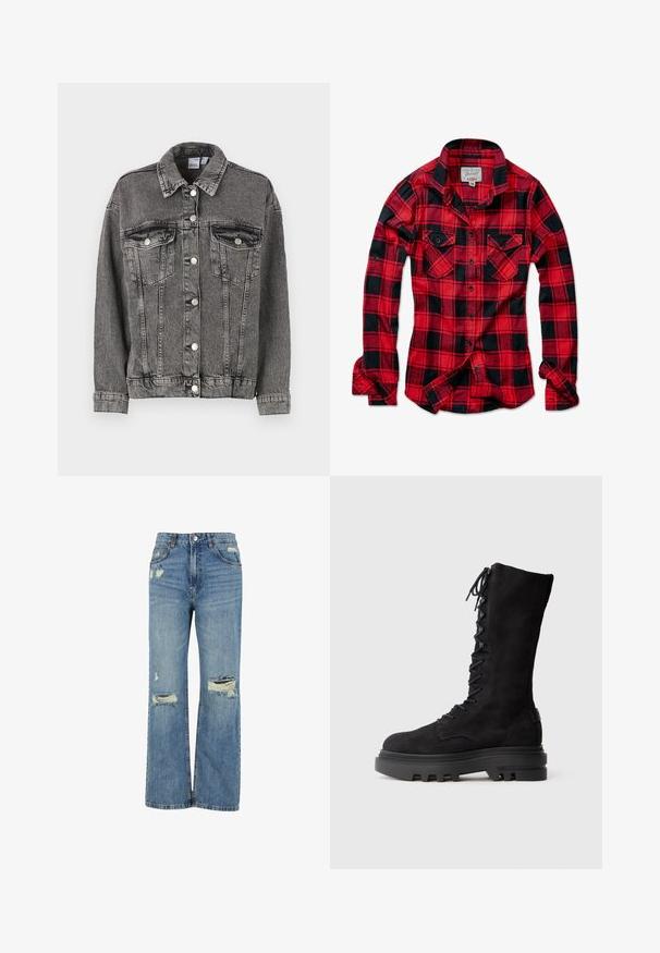 Sort denimjakke med krave, to brystlommer og knaplukninger. Den har en let slidt tekstur og en afslappet pasform.; Rød og sort ternet flannel skjorte med lange ærmer, to brystlommer, spids krave og knaplukning foran. Blød stof tekstur.; Lyseblå denim jeans med højtalje, bred benpasform, slidte huller ved knæene og klassisk fem-lomme design.; Sorte knæhøje snørebåndsstøvler lavet af ruskind, med en tyk gummisål med råt mønster og metaløjer til snørebåndene.