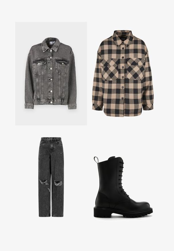 Sort denimjakke med krave, to brystlommer og knaplukninger. Den har en let slidt tekstur og en afslappet pasform.; Rutet flannel skjorte i beige og mørkegrå. Har en knap-ned front, to brystlommer og en nedfoldet krave. Løs pasform.; Sorte højtaljede brede bukser af jeans med rifter på knæene og slidte detaljer på en hvid baggrund.; Sort læder ankelstøvle med rund tå, snørebånd foran og en tekstureret gummisål. Har en løkke bagpå til nem påtagning.