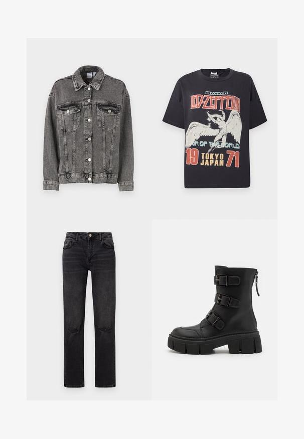 Sort denimjakke med krave, to brystlommer og knaplukninger. Den har en let slidt tekstur og en afslappet pasform.; Sort bomulds T-shirt med et stort grafisk print af en engel med teksten "Led Zeppelin i koncert Verdens Tour Tokyo Japan 1971."; Sorte denimjeans med lige ben-design. Funktioner inkluderer to forlommer, slidte knæaccenter og knaplukning.; Even&Odd by Zalando Cowboy- / bikerstøvlette - black