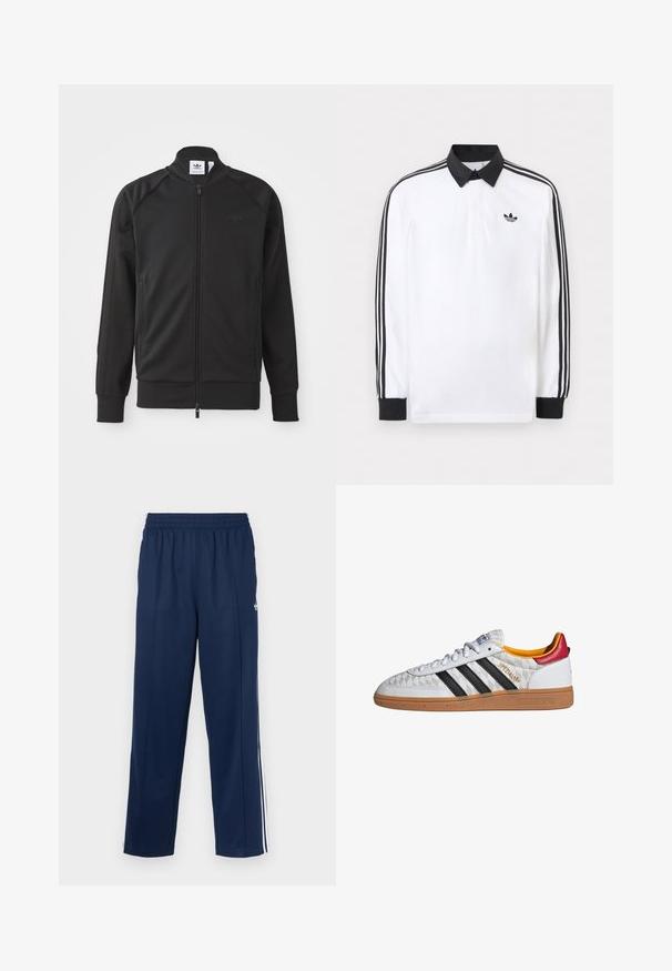 Chaqueta deportiva negra con cremallera, hecha de un tejido suave. Cuenta con un alto cuello, mangas raglán, dos bolsillos laterales y un logotipo en relieve en el pecho.; Polo blanco de manga larga con cuello negro, puños negros, diseño de tres rayas negras en las mangas y logo negro de Adidas en el pecho.; Pantalones deportivos azul marino con acabado texturizado, cintura elástica y franjas blancas laterales. Presentan un corte recto y sin bolsillos.; Zapatilla Adidas Spezial blanca con rayas negras, suela de goma, patrón acolchado, lengüeta roja en el talón y forro interior amarillo, vista lateral.