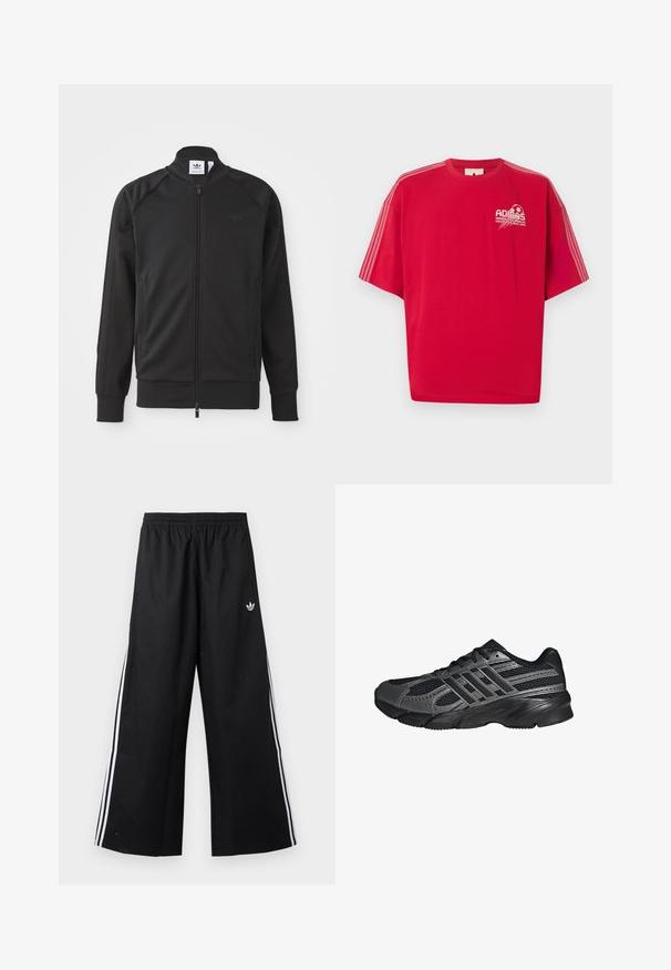Chaqueta deportiva negra con cremallera, hecha de un tejido suave. Cuenta con un alto cuello, mangas raglán, dos bolsillos laterales y un logotipo en relieve en el pecho.; Camiseta roja de Adidas de manga corta con logo blanco y gráfico de fútbol en el pecho izquierdo, y tres rayas blancas en cada manga.; Pantalones deportivos negros de pierna ancha con cintura elástica, rayas blancas laterales y pequeño logo Adidas trefoil en la cadera derecha.; Zapatillas deportivas negras hechas de malla y materiales sintéticos, que presentan una superficie texturizada, múltiples rayas grises y un collar acolchado.