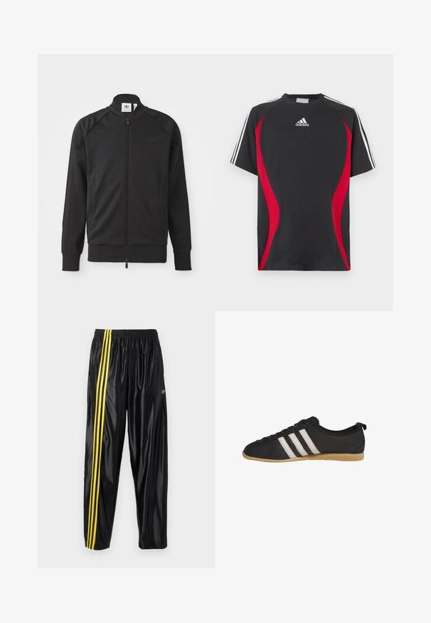 Zwarte sportieve zip-up jas van gladde stof. Kenmerkt zich door een hoge kraag, raglanmouwen, twee zijzakken en een reliëflogo op de borst.; Zwart T-shirt met korte mouwen, rode accenten aan de zijkanten, wit Adidas-logo op de borst en witte strepen op de schouders. Gemaakt van een gladde stof.; Zwarte sportbroek van glanzend materiaal met een elastische tailleband, voorzien van twee gele strepen langs de zijkant en een klein logo.; Zwarte lage sneaker met witte strepen en bruine rubberen zool, zijaanzicht op een witte achtergrond.