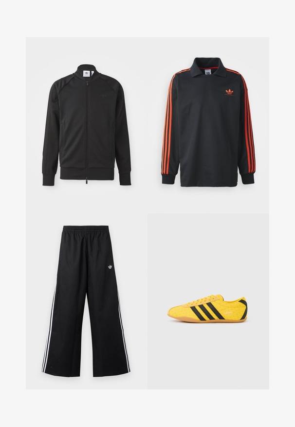 Melnā sportiskā zipa jaka no gludas auduma. Iespējas augsts kakls, raglanu piedurknes, divas sānu kabatas un gravēts logo uz krūšu daļas.; Melna garām piedurknēm polo krekls ar apkakli, ar sarkanām svītrām uz piedurknēm un mazu sarkanu logotipu uz krūšu daļas. Gluda auduma tekstūra.; Melnas platajām kājām treniņbikses ar elastīgu vidukļa joslu, baltām sānu svītrām un mazu Adidas trefoil logotipu labajā gurnā.; Dzeltena sporta apavi ar teksturētu augšu, tai ir melnas svītras un logotips. Apaļš purngalis, mīksta zolīte un zigzagveida raksts uz materiāla.