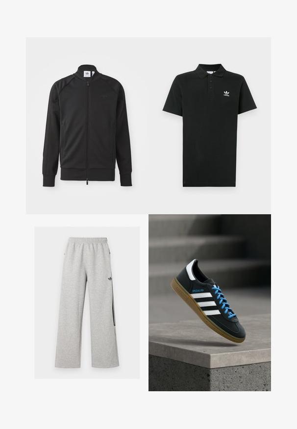 Chaqueta deportiva negra con cremallera, hecha de un tejido suave. Cuenta con un alto cuello, mangas raglán, dos bolsillos laterales y un logotipo en relieve en el pecho.; Camiseta tipo polo negra de algodón con tapeta de tres botones, mangas cortas y un pequeño logo blanco de Adidas en el pecho izquierdo.; Pantalones deportivos anchos de color gris claro con cintura elástica y logo negro de Adidas trefoil en el muslo derecho.; Zapatilla negra Adidas con franjas blancas, cordones azules y suela de goma flotando sobre un escalón de hormigón gris con luz suave.