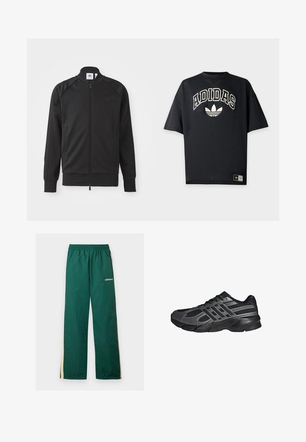 Čierna športová zipsová bunda z hladkej látky. Má vysoký golier, raglánové rukávy, dve bočné vrecká a embosované logo na hrudi.; Čierne Adidas športové tričko s krátkym rukávom z perforovanej látky, bielym nápisom Adidas a trefoil logom na prednej strane, a značkovou etikietou pri spodnom okraji.; Zelené Adidas tepláky s béžovými bočnými pásikmi, elastickým pásom a bielym logom Adidas na hornej ľavej nohe.; Čierne športové topánky vyrobené z pletiva a syntetických materiálov, s textúrovaným povrchom, viacerými šedými pruhmi a polstrovaným golierom.
