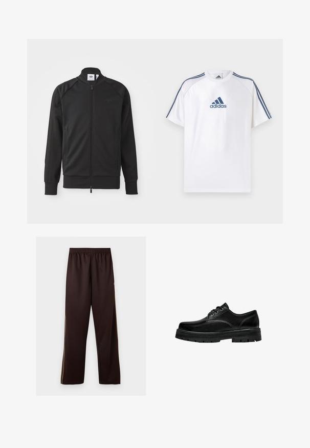 Musta urheilullinen vetoketjullinen takki, joka on valmistettu sileästä kankaasta. Sisältää korkean kauluksensa, raglan-hihat, kaksi sivutaskua ja kohopainetun logon rinnassa.; Valkoinen Adidas t-paita, jossa on sinisiä korostuksia, lyhyet hihat ja pyöreä kaula-aukko. Edessä sininen Adidas-logo ja olkapäillä kolme raitaa.; Tummanruskeat, leveälahkeiset housut elastisella vyötäröllä ja hillityillä vaaleanruskeilla sivuraitoilla, esitetty yksinkertaisen valkoisen taustan edessä.; Musta nahkainen nauhakenkä, jossa on pyöreä kärki, teksturoitu pinta ja paksu kumipohja, jossa on syvät urat pitoa varten.
