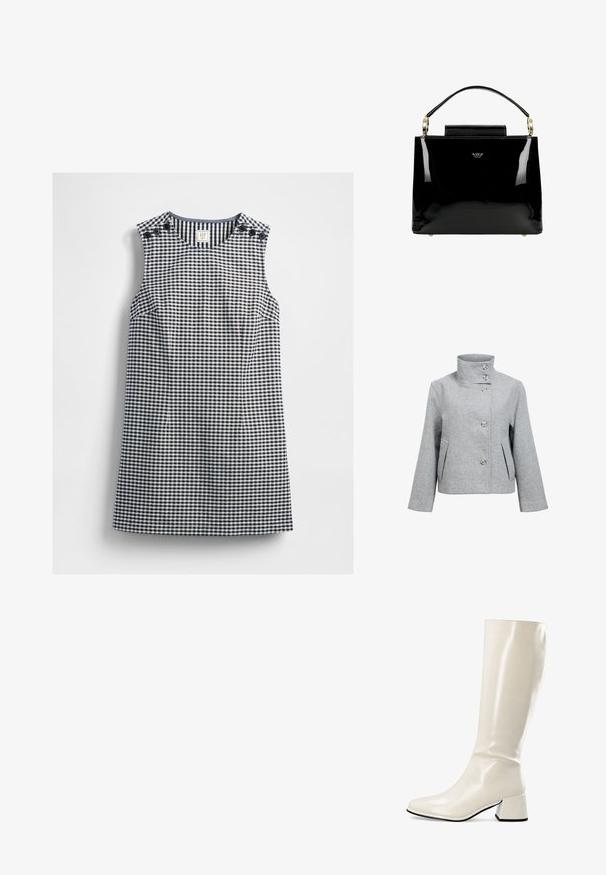 Veste en mélange de laine gris clair avec un col haut, quatre boutons et deux poches avant. Présente une coupe structurée et une texture lisse.; Robe sans manches à carreaux vichy bleu marine et blanc avec un col rond et des détails de boutons sur les deux épaules, posée à plat sur un fond blanc.; Botte haute en cuir blanc avec un bout carré et un talon bloc, arrivant juste sous le genou, vue de profil sur fond blanc.; Sac à main en cuir verni noir avec un design structuré, comportant une poignée supérieure, des accents en métal doré et un petit rabat à l'avant.