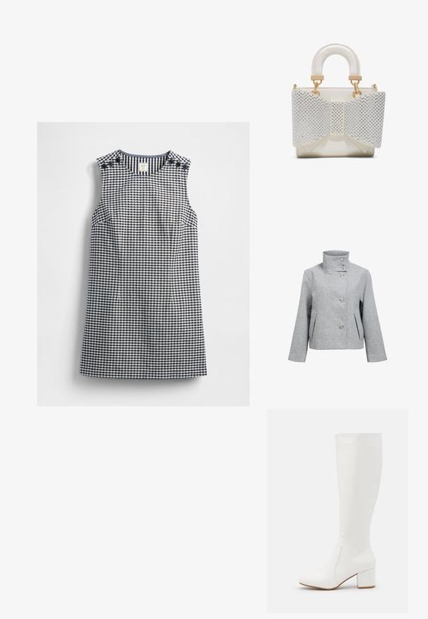 Veste en mélange de laine gris clair avec un col haut, quatre boutons et deux poches avant. Présente une coupe structurée et une texture lisse.; Robe sans manches à carreaux vichy bleu marine et blanc avec un col rond et des détails de boutons sur les deux épaules, posée à plat sur un fond blanc.; Bottes blanches jusqu'au genou avec une finition lisse et brillante. Talon carré et détails de couture subtils sur le côté.; Petit sac à main blanc avec poignée rembourrée et grand nœud avant orné de perles argentées et d'accents en métal doré.