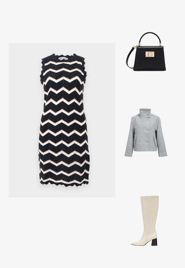 Veste en mélange de laine gris clair avec un col haut, quatre boutons et deux poches avant. Présente une coupe structurée et une texture lisse.; Robe noire sans manches en tricot avec des rayures en zigzag blanches et beige, bords festonnés, et étiquette DKNY Jeans au niveau du col.; Botte en cuir couleur crème montant jusqu’au genou avec bout pointu et talon bloc foncé sur fond blanc.; Sac à main en cuir noir avec une poignée supérieure, une bandoulière amovible et un fermoir rectangulaire doré sur le rabat avant.