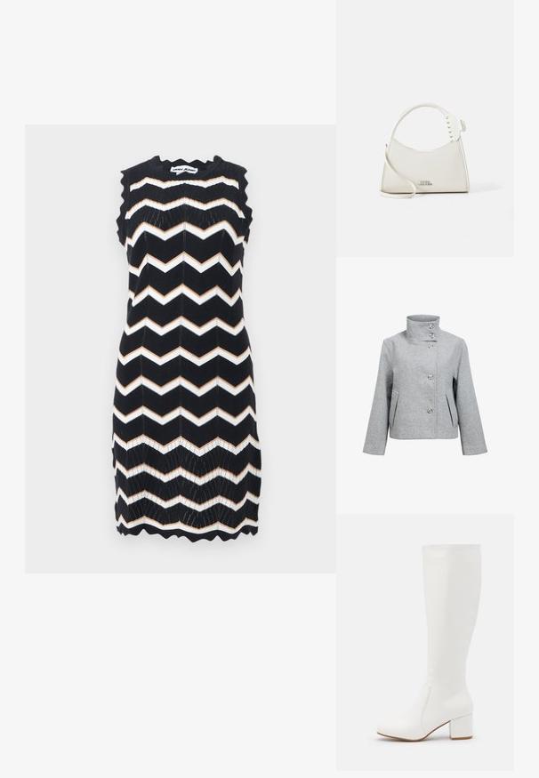 Veste en mélange de laine gris clair avec un col haut, quatre boutons et deux poches avant. Présente une coupe structurée et une texture lisse.; Robe noire sans manches en tricot avec des rayures en zigzag blanches et beige, bords festonnés, et étiquette DKNY Jeans au niveau du col.; Bottes blanches jusqu'au genou avec une finition lisse et brillante. Talon carré et détails de couture subtils sur le côté.; Sac à main en cuir blanc avec une forme incurvée, orné de petites clous blancs le long de la poignée. Il dispose d'une longue sangle et d'un logo embossé à l'avant.
