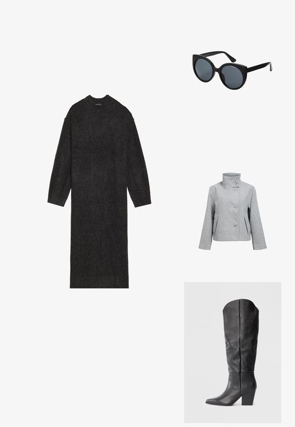Veste en mélange de laine gris clair avec un col haut, quatre boutons et deux poches avant. Présente une coupe structurée et une texture lisse.; Robe tricotée longue et gris foncé, fabriquée en laine douce, avec un col rond et des manches longues, à la coupe droite et à la décoration minimale.; Bottes noires en cuir, montant jusqu'au genou, avec un bout pointu et un talon épais. Le design présente une texture lisse et des lignes minimalistes.; Lunettes de soleil oversize noires en forme d'œil de chat, avec des verres teintés foncés et une monture en plastique brillant. Caractéristiques de branches épaisses pour le soutien.