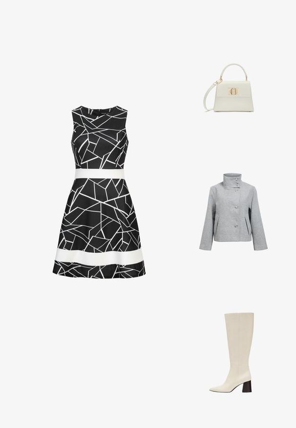 Veste en mélange de laine gris clair avec un col haut, quatre boutons et deux poches avant. Présente une coupe structurée et une texture lisse.; Robe noire sans manches avec des lignes géométriques blanches, une ceinture blanche et une bande horizontale blanche près de l'ourlet.; Botte en cuir couleur crème montant jusqu’au genou avec bout pointu et talon bloc foncé sur fond blanc.; Petit sac à main blanc avec poignée supérieure, bandoulière amovible et fermoir rectangulaire doré sur la rabat avant.