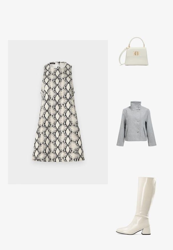 Veste en mélange de laine gris clair avec un col haut, quatre boutons et deux poches avant. Présente une coupe structurée et une texture lisse.; Une robe sans manches avec un motif de serpent beige et noir, un col rond et une fermeture éclair dans le dos.; Botte haute en cuir blanc avec un bout carré et un talon bloc, arrivant juste sous le genou, vue de profil sur fond blanc.; Petit sac à main blanc avec poignée supérieure, bandoulière amovible et fermoir rectangulaire doré sur la rabat avant.