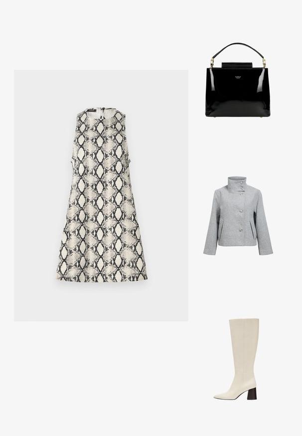 Veste en mélange de laine gris clair avec un col haut, quatre boutons et deux poches avant. Présente une coupe structurée et une texture lisse.; Une robe sans manches avec un motif de serpent beige et noir, un col rond et une fermeture éclair dans le dos.; Botte en cuir couleur crème montant jusqu’au genou avec bout pointu et talon bloc foncé sur fond blanc.; Sac à main en cuir verni noir avec un design structuré, comportant une poignée supérieure, des accents en métal doré et un petit rabat à l'avant.