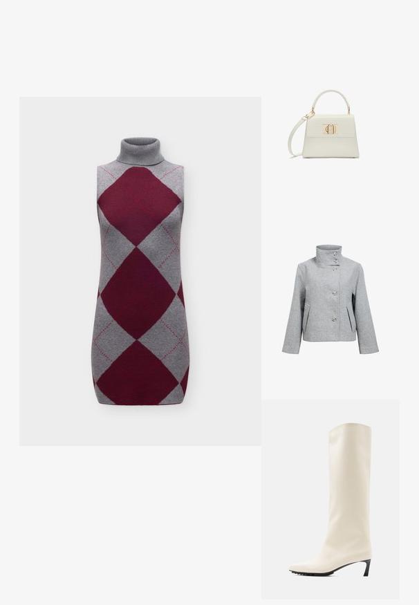 Veste en mélange de laine gris clair avec un col haut, quatre boutons et deux poches avant. Présente une coupe structurée et une texture lisse.; Robe en maille grise sans manches à col roulé avec de grands losanges bordeaux en motif argyle et des détails de surpiqûres roses subtils.; Botte blanche hauteur genou en matériau lisse avec un bout pointu et un talon noir fin. Présente un design épuré et un marquage minimal.; Petit sac à main blanc avec poignée supérieure, bandoulière amovible et fermoir rectangulaire doré sur la rabat avant.