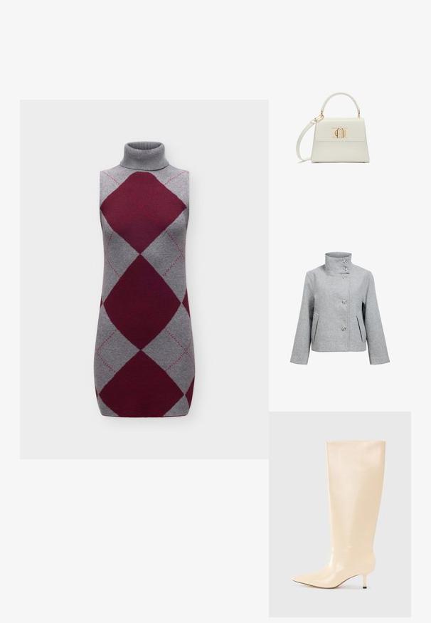 Veste en mélange de laine gris clair avec un col haut, quatre boutons et deux poches avant. Présente une coupe structurée et une texture lisse.; Robe en maille grise sans manches à col roulé avec de grands losanges bordeaux en motif argyle et des détails de surpiqûres roses subtils.; Botte en cuir beige à hauteur de genoux avec une finition lisse et élégante, un bout pointu et un talon bas et élancé. Présente un design minimaliste sans accents visibles.; Petit sac à main blanc avec poignée supérieure, bandoulière amovible et fermoir rectangulaire doré sur la rabat avant.