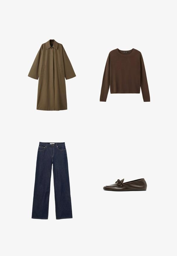 Lang, brun, bomuldsblandet frakke med krave, to forlommer og brede ærmer, med en lige snit og minimalistisk design.; Brun langærmet trøje med rund hals, med et enkelt, ensfarvet design og ribstrikket halsudskæring, ærmekanter og kant forneden.; Mørkeblå denim jeans med brede, lige ben, forlommer og lukning med knap og lynlås.; Mørkebrune læder flade loafers med en rundet tå og dekorativ sløjfe på overdelen, vist fra siden på hvid baggrund.