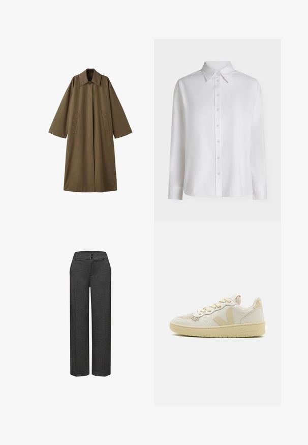 Lang, brun, bomuldsblandet frakke med krave, to forlommer og brede ærmer, med en lige snit og minimalistisk design.; Hvid skjorte med lange ærmer, knappet op foran med spids krave og standard manchetter, vist mod en ensfarvet lys baggrund.; Grå bredbukser lavet af tekstureret stof, med flat front med to sorte knapper og sidesømme. Minimalistisk design.; Beige low-top sneakers med en glat læderoverdel, perforeret tå for åndbarhed og matchende gummisål. Har et V-logo på siden.