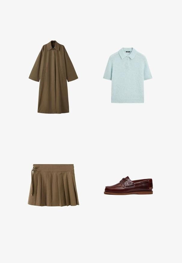 Manteau long en mélange de coton marron avec un col, deux poches avant et des manches larges, présentant une coupe droite et un design minimaliste.; Pull tricoté bleu clair à manches courtes avec col et trois boutons sur le devant, ourlet côtelé et tissu doux texturé.; Jupe plissée marron avec une large ceinture, ornée de deux boucles métalliques et d'un détail noué sur le côté. Tissu lisse avec un design structuré.; Chaussure bateau en cuir marron avec lacets, détails de couture et logo Timberland sur le côté, présentée sur un fond blanc.