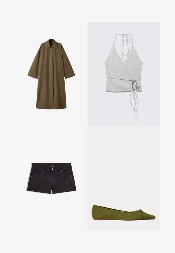 Lang, brun, bomuldsblandet frakke med krave, to forlommer og brede ærmer, med en lige snit og minimalistisk design.; Lysegrå ærmeløs omslagstop med dyb V-hals, halterstropper ved halsen og lange taljebånd på venstre side.; Sorte denimshorts med dobbelt knaplukning, forlommer og små metalnitter på lommerne, vist på hvid baggrund.; Olivengrøn flad balletsko i ruskind med en lille bundet sløjfe på den afrundede spidse tå og en tynd brun sål.