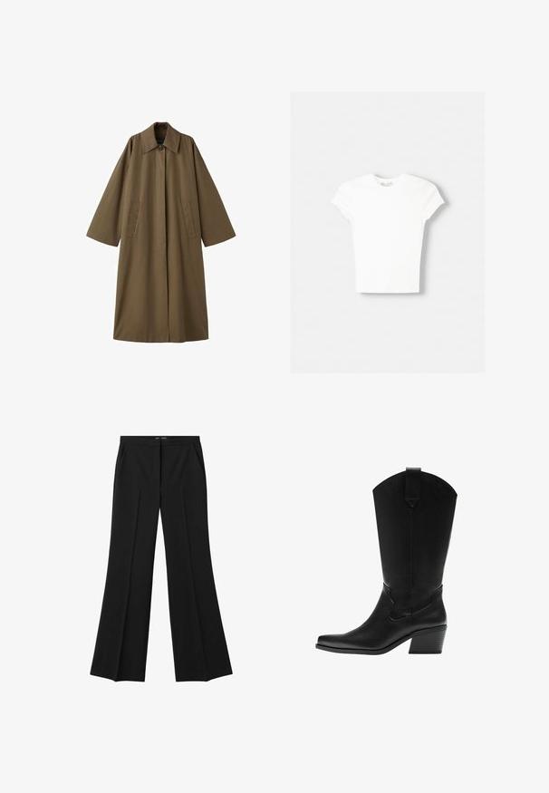 Manteau long en mélange de coton marron avec un col, deux poches avant et des manches larges, présentant une coupe droite et un design minimaliste.; T-shirt blanc à manches courtes en coton doux, avec un col rond et une coupe ajustée. Pas de motifs ni d'ornements visibles.; Pantalon noir ajusté à jambes évasées avec coutures frontales et poches latérales, conçu pour un look formel ou professionnel.; Botte western en cuir noir mi-mollet avec bout pointu et talon bloc superposé, avec languette de tirage et coutures décoratives discrètes.
