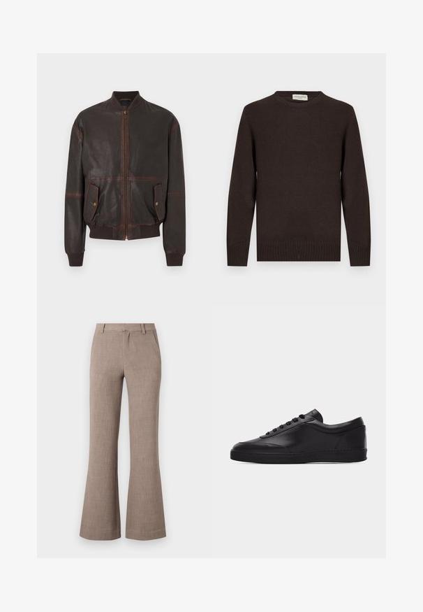 Veste aviateur en cuir marron foncé avec col, poignets et ceinture côtelés, fermeture éclair à l'avant, et deux poches à rabat avec boutons-pression à l'avant.; Pull en tricot marron avec un col rond, des poignets côtelés et un ourlet côtelé. Texture lisse sans motifs ni accents. Design simple et forme classique.; Pantalons évasés beiges en tissu texturé, avec fermeture éclair et poches latérales pour plus de fonctionnalité. Design ajusté.; Baskets basses en cuir noir avec lacets sur le devant et semelle en caoutchouc plate, vues de côté sur un fond blanc uni.