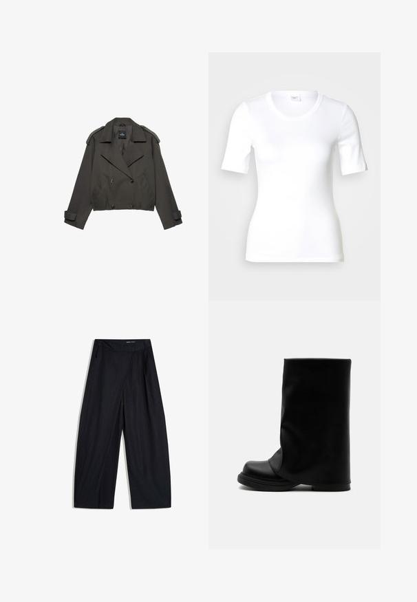 Trench-coat court gris foncé avec larges revers, boutons croisés, épaulettes et brides aux poignets.; T-shirt blanc à manches courtes en coton lisse, doté d'un col rond et d'une coupe ajustée. Design classique, sans motifs ni accents.; Pantalon noir à jambes larges avec fines rayures discrètes, détail de chevauchement à l'avant, poches latérales et fermeture de ceinture dissimulée.; Botte haute en cuir noir avec une tige supérieure large et ample et une semelle épaisse et arrondie sur fond blanc.