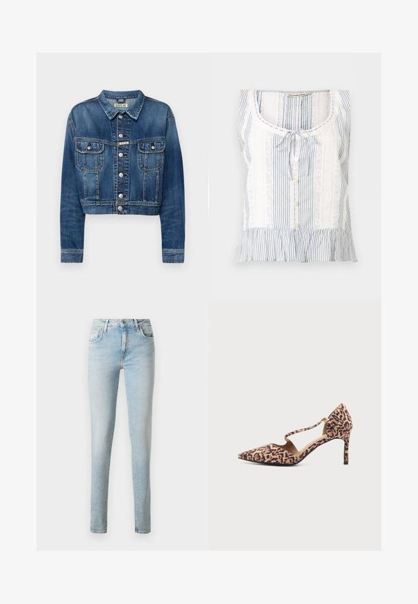 Korte denim jas in medium blauw met zilveren knopen, twee voorzakken en een klassieke kraag. Versleten textuur langs de naden.; Mouwloze blauw-wit gestreepte blouse met kanten inzetstukken, knopen aan de voorkant, gestrikte halslijn en geplooide zoom.; Lichtblauwe denim jeans met een slim fit, vijf zakken, klassieke riemlussen en een rits met een enkele knoop.; Puntige hoge hak met luipaardprint, met een smalle enkelriem en gesp op een witte achtergrond.