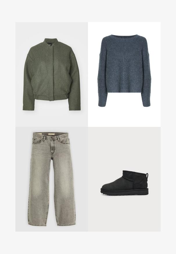 Veste en mélange de laine verte avec col montant, coupe oversized, ourlet court et deux poches avant. Tissu texturé avec des détails de couture minimaux.; Weekday IVY - Pullover - dark grey; Jean large en denim gris clair. Il présente un style traditionnel à cinq poches et un léger délavage sur l'ensemble du tissu.; Botte d’hiver noire hauteur cheville avec semelle épaisse, matière supérieure lisse, coutures visibles et languette à l’arrière.