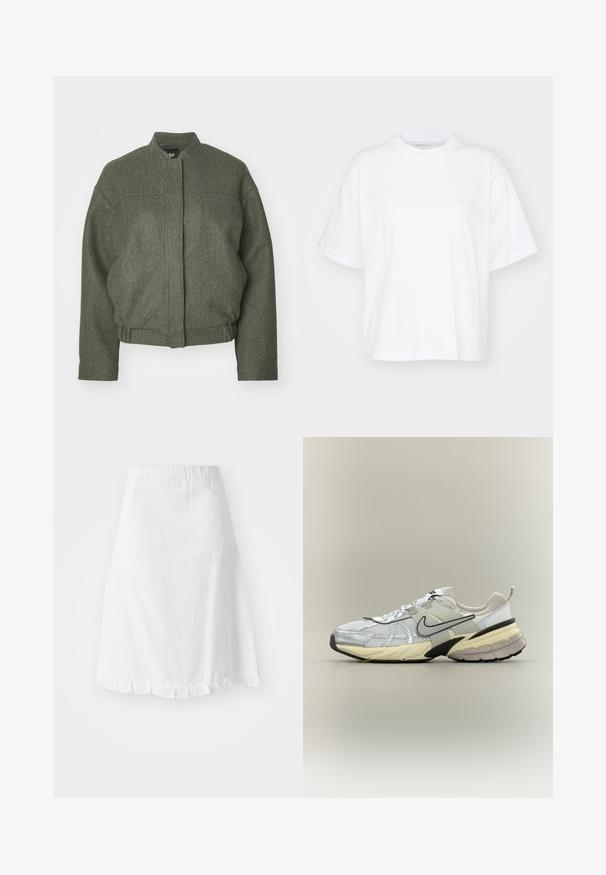 Veste en mélange de laine verte avec col montant, coupe oversized, ourlet court et deux poches avant. Tissu texturé avec des détails de couture minimaux.; T-shirt en coton blanc avec un col rond, des manches courtes et une coupe décontractée. Présente un logo discret sur la zone gauche de la poitrine. Texture lisse.; Jupe blanche avec taille élastique, présentant un motif texturé et un ourlet festonné en bas. Design simple en A.; Baskets Nike blanches et grises avec dessus en mesh, swoosh noir, semelle intermédiaire beige et semelle extérieure noire sur fond clair.