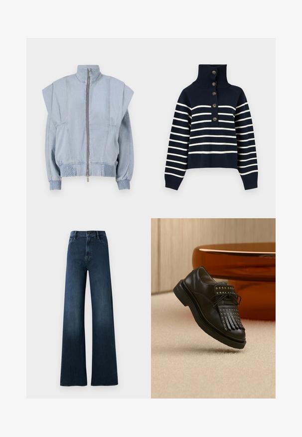 Lichtblauwe denimjack met hoge kraag, ritssluiting en brede schouders. Heeft geplooide manchetten en een gesmokt taille voor een getailleerde pasvorm.; Donkerblauwe gebreide trui met witte horizontale strepen, hoge geribbelde kraag en vijf bruine knopen aan de voorkant.; Brede, donkerblauwe jeans gemaakt van denim. Heeft een hoge taille, voorkoteletten, een knoopsluiting en minimale stikseldetails.; Zwarte lederen veterlaars met decoratieve franjes en metalen studs geplaatst op een beige tapijt nabij bruin meubilair.