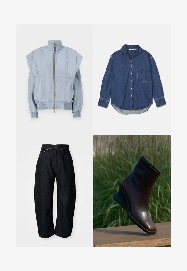 Lichtblauwe denimjack met hoge kraag, ritssluiting en brede schouders. Heeft geplooide manchetten en een gesmokt taille voor een getailleerde pasvorm.; Donkerblauwe denimshirt met een kraag, knoopsluitingen, één borstzak en lange mouwen met een afgeronde zoom. Zachte textuur.; Donkerdenim jeans met een relaxte pasvorm, voorzien van subtiele oranje stiksels, voorzakken en een platte tailleband met een knoopsluiting.; Enkel donkerbruine enkellaars met een grove geometrische hak, balancerend op een houten oppervlak, groene gras op de achtergrond.