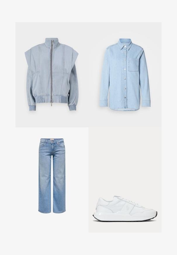 Chaqueta de mezclilla azul claro con un cuello alto, cierre de cremallera y hombros anchos. Presenta puños fruncidos y una cintura elástica para un ajuste a medida.; Camisa de denim azul claro con botón en el frente, collar puntiagudo, un bolsillo en el pecho y mangas largas con puños abotonados.; Vaqueros de pierna ancha en azul claro con cierre frontal de botones y cremallera, bolsillos delanteros y presillas para cinturón.; Zapatilla blanca de corte bajo con paneles lisos y texturizados, cordones delanteros y un sutil logo en relieve en el lateral.