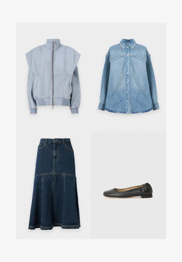 Veste en denim bleu clair avec un col montant, fermeture éclair et épaules larges. Dispose de poignets froncés et d'une taille smockée pour un ajustement près du corps.; Chemise en denim bleu clair à manches longues avec col et empiècement ornés de perles, boutonnage devant et ourlet droit sur fond blanc.; Jupe en denim bleu foncé à forme évasée, avec une taille haute, des poches avant et un ourlet brut. Texture usée et détails de couture.; Ballerines en cuir noir avec un bout arrondi et des coutures minimales. Talon bas et rectangulaire avec une texture lisse. Détails subtils de doublure intérieure.