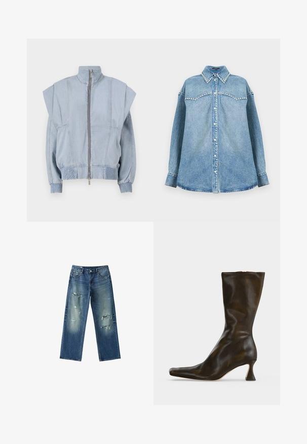 Veste en denim bleu clair avec un col montant, fermeture éclair et épaules larges. Dispose de poignets froncés et d'une taille smockée pour un ajustement près du corps.; Chemise en denim bleu clair à manches longues avec col et empiècement ornés de perles, boutonnage devant et ourlet droit sur fond blanc.; Jean en denim bleu avec une coupe droite, présentant un effet délavé et plusieurs zones usées sur les cuisses et les genoux à l'avant.; Botte en cuir noire mi-mollet avec un bout carré et un talon bloc évasé sur fond blanc uni.