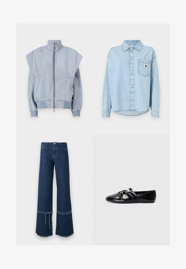 Chaqueta de mezclilla azul claro con un cuello alto, cierre de cremallera y hombros anchos. Presenta puños fruncidos y una cintura elástica para un ajuste a medida.; Camisa de mezclilla azul claro con un bolsillo frontal, cierre de botones y mangas largas. Cuenta con un parche de logo en el bolsillo y costuras visibles.; Vaqueros de pierna ancha en azul oscuro con costura horizontal deshilachada y hilos sueltos encima del dobladillo, bolsillos delanteros y cierre de botón.; Bailarinas de cuero negro con punta afilada, dos correas decorativas con hebillas plateadas y una textura suave y brillante.