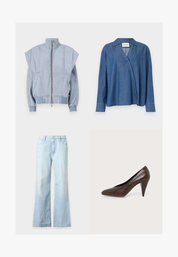 Veste en denim bleu clair avec un col montant, fermeture éclair et épaules larges. Dispose de poignets froncés et d'une taille smockée pour un ajustement près du corps.; Chemise en jean bleu à manches longues avec un col replié et un design croisé à l'avant, étiquetée "CLOSED" à l'intérieur du col.; Jean en denim bleu clair taille haute, jambes larges, avec poches avant et fermeture par boutons, présenté sur fond blanc uni.; Chaussure à talon haut marron avec un bout pointu et un motif texturé en cuir de serpent, vue de côté sur un fond clair uni.
