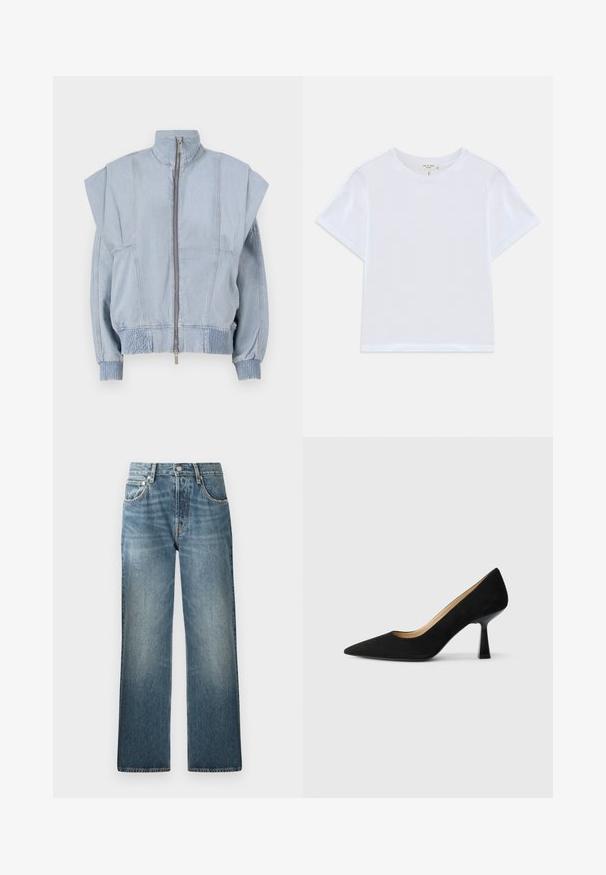 Lichtblauwe denimjack met hoge kraag, ritssluiting en brede schouders. Heeft geplooide manchetten en een gesmokt taille voor een getailleerde pasvorm.; Witte cropped t-shirt van zacht katoen, met een ronde hals en korte mouwen in een iets ontspannen pasvorm. Geen patronen of accenten.; Blauwe denim jeans met een rechte pijpdesign, voorzien van een hoge tailleband, vijf zakken en een licht vervaagde, gestructureerde afwerking.; Zwarte suède high-heeled pump met een spitse neus, voorzien van een glanzende zwarte blokhak en een gladde binnenvoering.