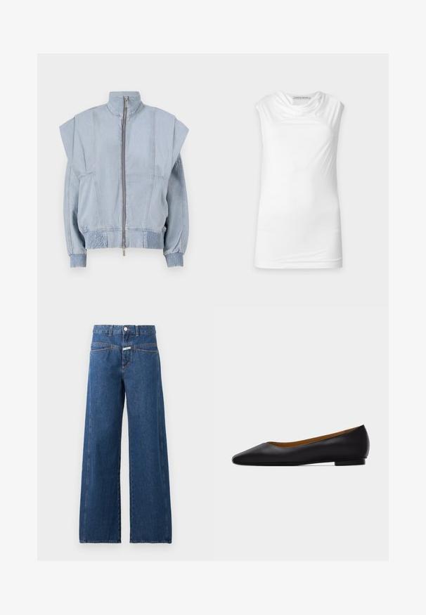 Veste en denim bleu clair avec un col montant, fermeture éclair et épaules larges. Dispose de poignets froncés et d'une taille smockée pour un ajustement près du corps.; Haut blanc sans manches avec encolure drapée, en tissu lisse, étiqueté Tiger of Sweden sur fond uni.; Jean bleu taille haute à jambes larges avec fermeture devant par bouton et fermeture éclair, poches avant et couture orange visible sur fond uni.; Chaussure plate en cuir noir à bout pointu avec talon bas et finition lisse, vue de côté sur un fond gris clair.