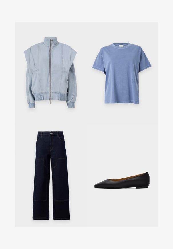 Veste en denim bleu clair avec un col montant, fermeture éclair et épaules larges. Dispose de poignets froncés et d'une taille smockée pour un ajustement près du corps.; T-shirt en coton bleu clair à manches courtes, col rond, avec un petit logo brodé sur le côté gauche. Texture lisse et coupe décontractée.; Jean en denim large de couleur bleu foncé avec des poches plaquées à l'avant et des coutures oranges contrastantes, fermeture à bouton à la taille.; Chaussure plate en cuir noir à bout pointu avec talon bas et finition lisse, vue de côté sur un fond gris clair.