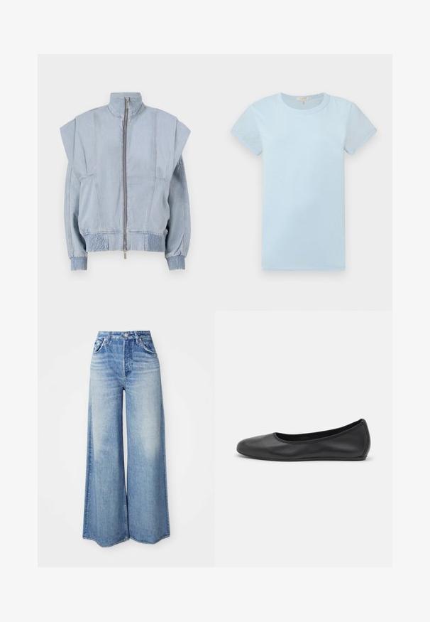 Veste en denim bleu clair avec un col montant, fermeture éclair et épaules larges. Dispose de poignets froncés et d'une taille smockée pour un ajustement près du corps.; rag & bone T-shirt basique - raindrop; Jean large en denim bleu clair, avec une taille haute, un design à cinq poches, un lavage dégradé et un ourlet effiloché.; Ballerines en cuir noir avec un bout rond, texture lisse, détails de couture minimalistes et design de semelle flexible.