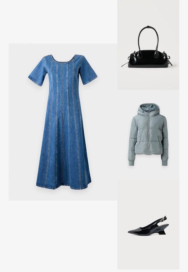 Hellblaue gesteppte Kapuzenjacke mit durchgehendem Frontreißverschluss, zwei Seitentaschen und elastischen Bündchen auf einfarbigem Hintergrund.; Object Midi Denim - Freizeitkleid - medium blue denim; Schwarzer Slingback-Schuh aus Lackleder mit spitzer Spitze und niedrigem, schrägem Blockabsatz auf einfachem hellem Hintergrund.; Kleine schwarze glänzende Handtasche mit zwei langen Griffen und seitlichen Kordelzug-Details vor einfachem hellem Hintergrund.