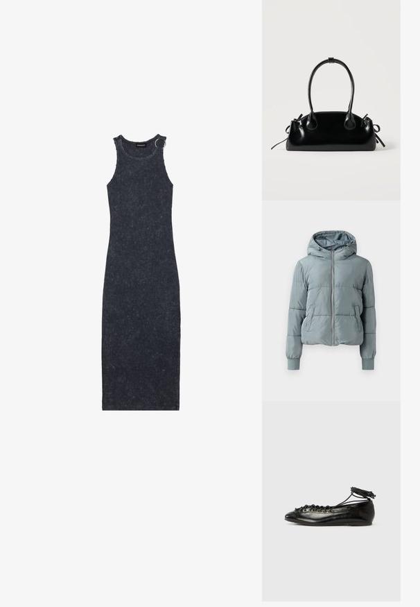 Hellblaue gesteppte Kapuzenjacke mit durchgehendem Frontreißverschluss, zwei Seitentaschen und elastischen Bündchen auf einfarbigem Hintergrund.; Dunkelgraues, geripptes Maxikleid mit rundem Kragen und einem silbernen Ringakzent an der Schulter. Strukturierter Stoff mit einer figurbetonten Silhouette.; Schwarze Ballerinas aus Lackleder mit runder Spitze, Schnürdesign und flacher Sohle. Glatte Textur mit minimaler Verzierung.; Kleine schwarze glänzende Handtasche mit zwei langen Griffen und seitlichen Kordelzug-Details vor einfachem hellem Hintergrund.
