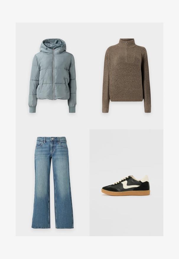 Hellblaue gesteppte Kapuzenjacke mit durchgehendem Frontreißverschluss, zwei Seitentaschen und elastischen Bündchen auf einfarbigem Hintergrund.; Brauner gerippter Strickpullover mit hohem Kragen und einem Reißverschluss vorne, der mit einem runden Ziehfinger ausgestattet ist. Lange Ärmel und eine lässige Passform.; Hellblaue Jeans aus Denim mit weitem Bein, mittelhohem Bund, Taschen vorne und dezentem Color-Fading, mit glatter Textur.; Schwarze Wildleder- und Leder-Sneaker mit einem cremefarbenen Seiten-Swoosh und einer hellcremefarbenen Ferse. Ausgestattet mit beige Schnürsenkeln und einer Gummilaufsohle.