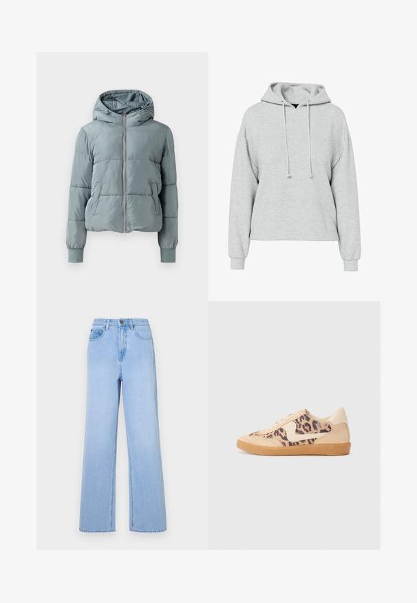 Lichtblauwe gewatteerde jas met capuchon, een volledige ritssluiting aan de voorkant, twee zijzakken en elastische boorden op een effen achtergrond.; Grijze hoodie met een ruime pasvorm, lange mouwen en een capuchon met verstelbare trekkoorden. De stof lijkt zacht en heeft een subtiele textuur zonder zichtbare patronen of accenten.; Lichtblauwe high-waisted jeans met een wijd uitlopende pasvorm, gemaakt van denim. Kenmerkt zich door opvallende stiksels en een vijf-pocket styling.; Luipaardprint sneakers met een beige suède bovenkant, tan rubberen zool en witte accenten. Ronde neus en vetersluiting met een gestructureerde afwerking.